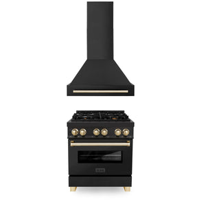 ZLINE - 30" Autograph Edition Kitchen Package with Black Stainless Steel Dual Fuel Range and Range Hood with Gold Accents (2AKP-RABRH30-G)