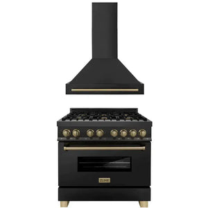 ZLINE - 36" Autograph Edition Kitchen Package with Black Stainless Steel Dual Fuel Range and Range Hood with Champagne Bronze Accents