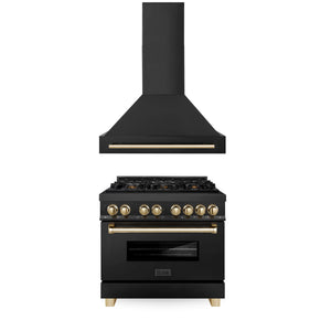 ZLINE - 36" Autograph Edition Kitchen Package with Black Stainless Steel Dual Fuel Range and Range Hood with Gold Accents (2AKP-RABRH36-G)