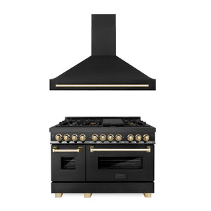 ZLINE - 48" Autograph Edition Kitchen Package with Black Stainless Steel Dual Fuel Range and Range Hood with Gold Accents (2AKP-RABRH48-G)