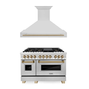ZLINE - 48" Autograph Edition Kitchen Package with Stainless Steel Dual Fuel Range and Range Hood with Champagne Bronze Accents