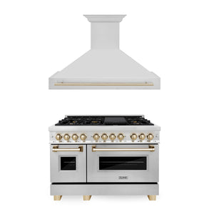 ZLINE - 48" Autograph Edition Kitchen Package with Stainless Steel Dual Fuel Range and Range Hood with Gold Accents