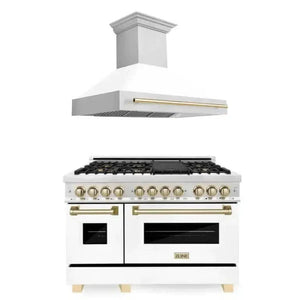 ZLINE - 48" Autograph Edition Kitchen Package with Stainless Steel Dual Fuel Range with White Matte Door and Range Hood with Gold Accents