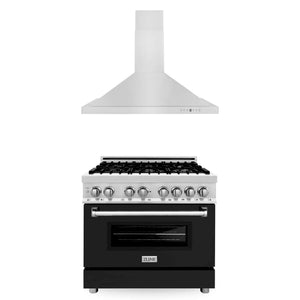 ZLINE - 36" Kitchen Package with Stainless Steel Dual Fuel Range with Black Matte Door and Convertible Vent Range Hood (2KP-RABLMRH36)