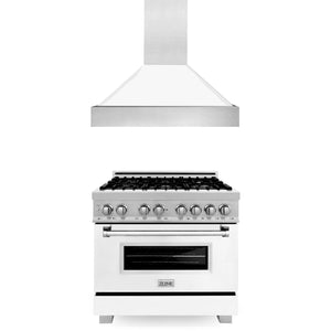 ZLINE - 36 in. Kitchen Package with Satin Stainless Steel Dual Fuel Range with White Matte Door and Convertible Vent Range Hood