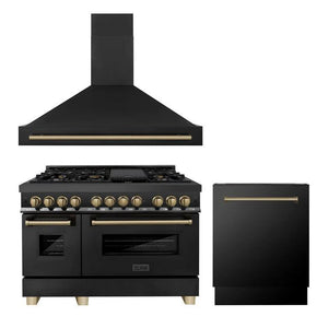 ZLINE - 48" Autograph Edition Kitchen Package with Black Stainless Steel Dual Fuel Range, Range Hood and Dishwasher with Champagne Bronze Accents