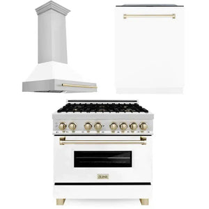ZLINE - 36" Autograph Edition Kitchen Package with Stainless Steel Dual Fuel Range with White Matte Door, Range Hood and Dishwasher with Polished Gold Accents
