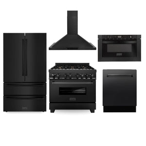 ZLINE - Kitchen Package with Black Stainless Steel Refrigeration, 36" Dual Fuel Range, 36" Range Hood, Microwave Drawer, and 24" Tall Tub Dishwasher