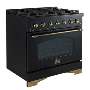 FORNO - Antico 36-inch Dual Fuel Range, Black and Antique Brass, 6 Burners, 4.5 cu.ft. Convection Oven
