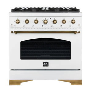 FORNO - Antico 36-inch Dual Fuel Range White and Antique Brass Design with 6 Sealed Gas Burners and Electric Convection Oven