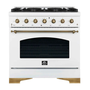 FORNO - Antico 36-inch Dual Fuel Range White and Antique Brass Design with 6 Sealed Gas Burners and Electric Convection Oven
