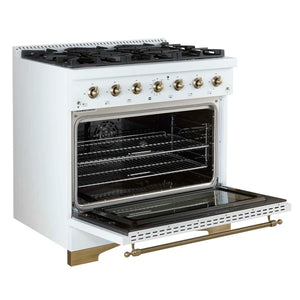 FORNO - Antico 36-inch Dual Fuel Range White and Antique Brass Design with 6 Sealed Gas Burners and Electric Convection Oven