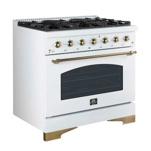 FORNO - Antico 36-inch Dual Fuel Range White and Antique Brass Design with 6 Sealed Gas Burners and Electric Convection Oven