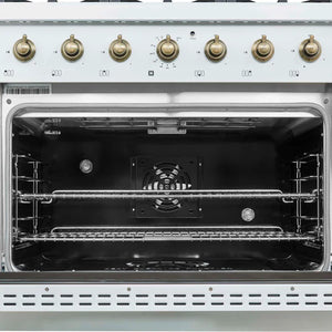 FORNO - Antico 36-inch Dual Fuel Range White and Antique Brass Design with 6 Sealed Gas Burners and Electric Convection Oven