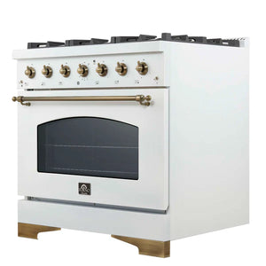 FORNO - Antico 36-inch Dual Fuel Range White and Antique Brass Design with 6 Sealed Gas Burners and Electric Convection Oven