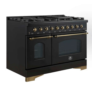 FORNO - Antico 48-Inch Dual Fuel Range, Black with Antique Brass Finish, 8 Burners, 94,000 BTU, 5.5 cu.ft. Double Ovens & Griddle