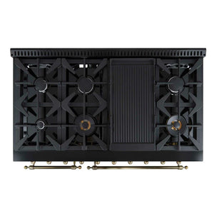 FORNO - Antico 48-Inch Dual Fuel Range, Black with Antique Brass Finish, 8 Burners, 94,000 BTU, 5.5 cu.ft. Double Ovens & Griddle