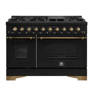 FORNO - Antico 48-Inch Dual Fuel Range, Black with Antique Brass Finish, 8 Burners, 94,000 BTU, 5.5 cu.ft. Double Ovens & Griddle