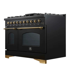 FORNO - Antico 48-Inch Dual Fuel Range, Black with Antique Brass Finish, 8 Burners, 94,000 BTU, 5.5 cu.ft. Double Ovens & Griddle