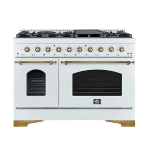 FORNO - Antico 48-Inch Dual Fuel Range, White with Antique Brass Finish, 8 Burners, 94,000 BTU, 5.5 cu.ft. Double Ovens & Griddle