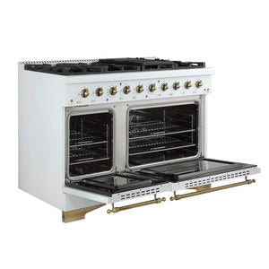 FORNO - Antico 48-Inch Dual Fuel Range, White with Antique Brass Finish, 8 Burners, 94,000 BTU, 5.5 cu.ft. Double Ovens & Griddle