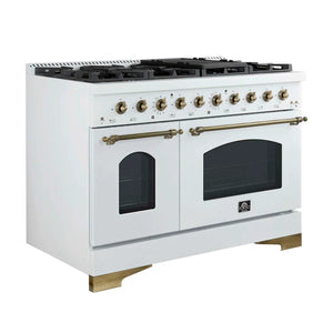 FORNO - Antico 48-Inch Dual Fuel Range, White with Antique Brass Finish, 8 Burners, 94,000 BTU, 5.5 cu.ft. Double Ovens & Griddle