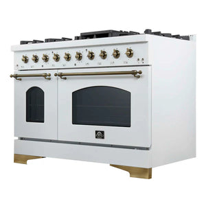 FORNO - Antico 48-Inch Dual Fuel Range, White with Antique Brass Finish, 8 Burners, 94,000 BTU, 5.5 cu.ft. Double Ovens & Griddle