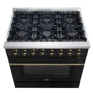 FORNO - Galiano 36-inch Dual Fuel Range in Black & Antique Brass Design, 6 Sealed Burners 83,000 BTU, 5.36 cu.ft. True Convection Oven