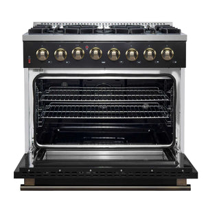FORNO - Galiano 36-inch Dual Fuel Range in Black & Antique Brass Design, 6 Sealed Burners 83,000 BTU, 5.36 cu.ft. True Convection Oven