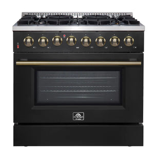 FORNO - Galiano 36-inch Dual Fuel Range in Black & Antique Brass Design, 6 Sealed Burners 83,000 BTU, 5.36 cu.ft. True Convection Oven