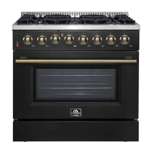 FORNO - Galiano 36-inch Dual Fuel Range in Black & Antique Brass Design, 6 Sealed Burners 83,000 BTU, 5.36 cu.ft. True Convection Oven