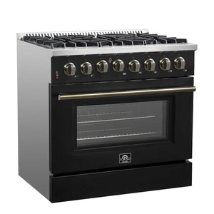 FORNO - Galiano 36-inch Dual Fuel Range in Black & Antique Brass Design, 6 Sealed Burners 83,000 BTU, 5.36 cu.ft. True Convection Oven