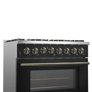 FORNO - Galiano 36-inch Dual Fuel Range in Black & Antique Brass Design, 6 Sealed Burners 83,000 BTU, 5.36 cu.ft. True Convection Oven