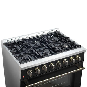 FORNO - Galiano 36-inch Dual Fuel Range in Black & Antique Brass Design, 6 Sealed Burners 83,000 BTU, 5.36 cu.ft. True Convection Oven