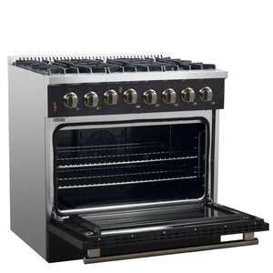 FORNO - Galiano 36-inch Dual Fuel Range in Black & Antique Brass Design, 6 Sealed Burners 83,000 BTU, 5.36 cu.ft. True Convection Oven