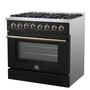 FORNO - Galiano 36-inch Dual Fuel Range in Black & Antique Brass Design, 6 Sealed Burners 83,000 BTU, 5.36 cu.ft. True Convection Oven