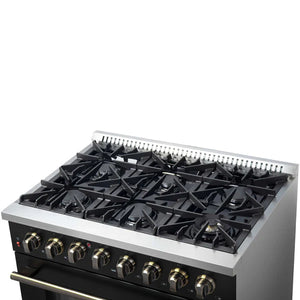FORNO - Galiano 36-inch Dual Fuel Range in Black & Antique Brass Design, 6 Sealed Burners 83,000 BTU, 5.36 cu.ft. True Convection Oven
