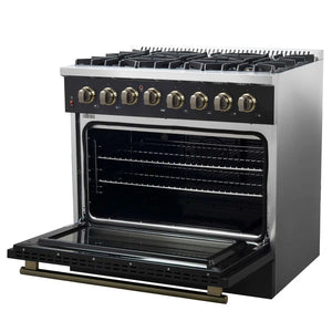FORNO - Galiano 36-inch Dual Fuel Range in Black & Antique Brass Design, 6 Sealed Burners 83,000 BTU, 5.36 cu.ft. True Convection Oven