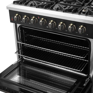 FORNO - Galiano 36-inch Dual Fuel Range in Black & Antique Brass Design, 6 Sealed Burners 83,000 BTU, 5.36 cu.ft. True Convection Oven