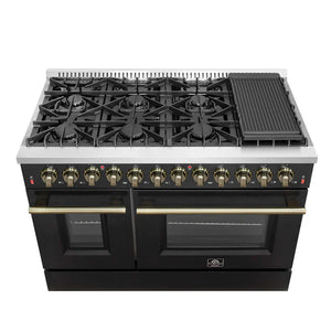 FORNO - Galiano 48-inch Dual Fuel Range Black & Antique Brass Design with 8 Sealed Burners 107,000 BTU, 6.58 cu. ft. double ovens & Griddle