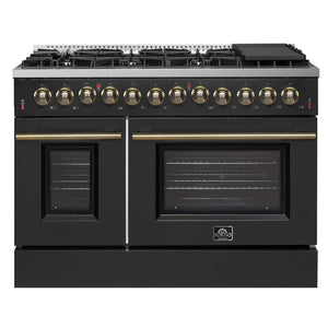 FORNO - Galiano 48-inch Dual Fuel Range Black & Antique Brass Design with 8 Sealed Burners 107,000 BTU, 6.58 cu. ft. double ovens & Griddle