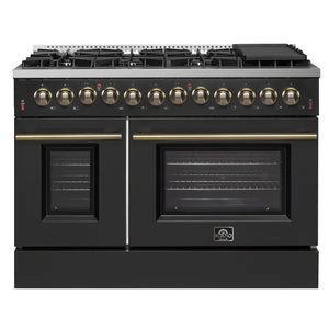 FORNO - Galiano 48-inch Dual Fuel Range Black & Antique Brass Design with 8 Sealed Burners 107,000 BTU, 6.58 cu. ft. double ovens & Griddle