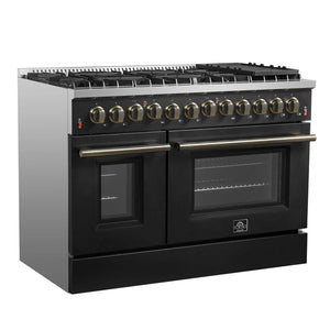 FORNO - Galiano 48-inch Dual Fuel Range Black & Antique Brass Design with 8 Sealed Burners 107,000 BTU, 6.58 cu. ft. double ovens & Griddle
