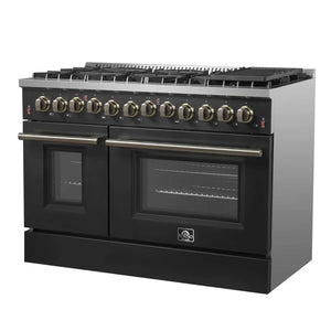 FORNO - Galiano 48-inch Dual Fuel Range Black & Antique Brass Design with 8 Sealed Burners 107,000 BTU, 6.58 cu. ft. double ovens & Griddle