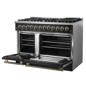 FORNO - Galiano 48-inch Dual Fuel Range Black & Antique Brass Design with 8 Sealed Burners 107,000 BTU, 6.58 cu. ft. double ovens & Griddle