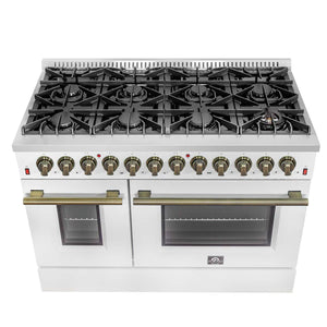 FORNO - Galiano 48-inch Dual Fuel Range White & Antique Brass Design with 8 Sealed Burners 107,000 BTU, 6.58 cu. ft. double ovens & Griddle
