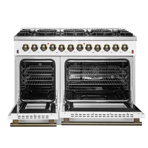 FORNO - Galiano 48-inch Dual Fuel Range White & Antique Brass Design with 8 Sealed Burners 107,000 BTU, 6.58 cu. ft. double ovens & Griddle