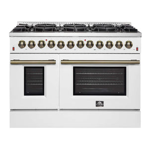 FORNO - Galiano 48-inch Dual Fuel Range White & Antique Brass Design with 8 Sealed Burners 107,000 BTU, 6.58 cu. ft. double ovens & Griddle