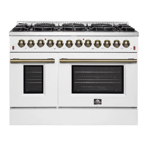 FORNO - Galiano 48-inch Dual Fuel Range White & Antique Brass Design with 8 Sealed Burners 107,000 BTU, 6.58 cu. ft. double ovens & Griddle