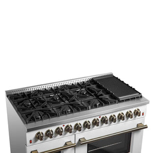 FORNO - Galiano 48-inch Dual Fuel Range White & Antique Brass Design with 8 Sealed Burners 107,000 BTU, 6.58 cu. ft. double ovens & Griddle